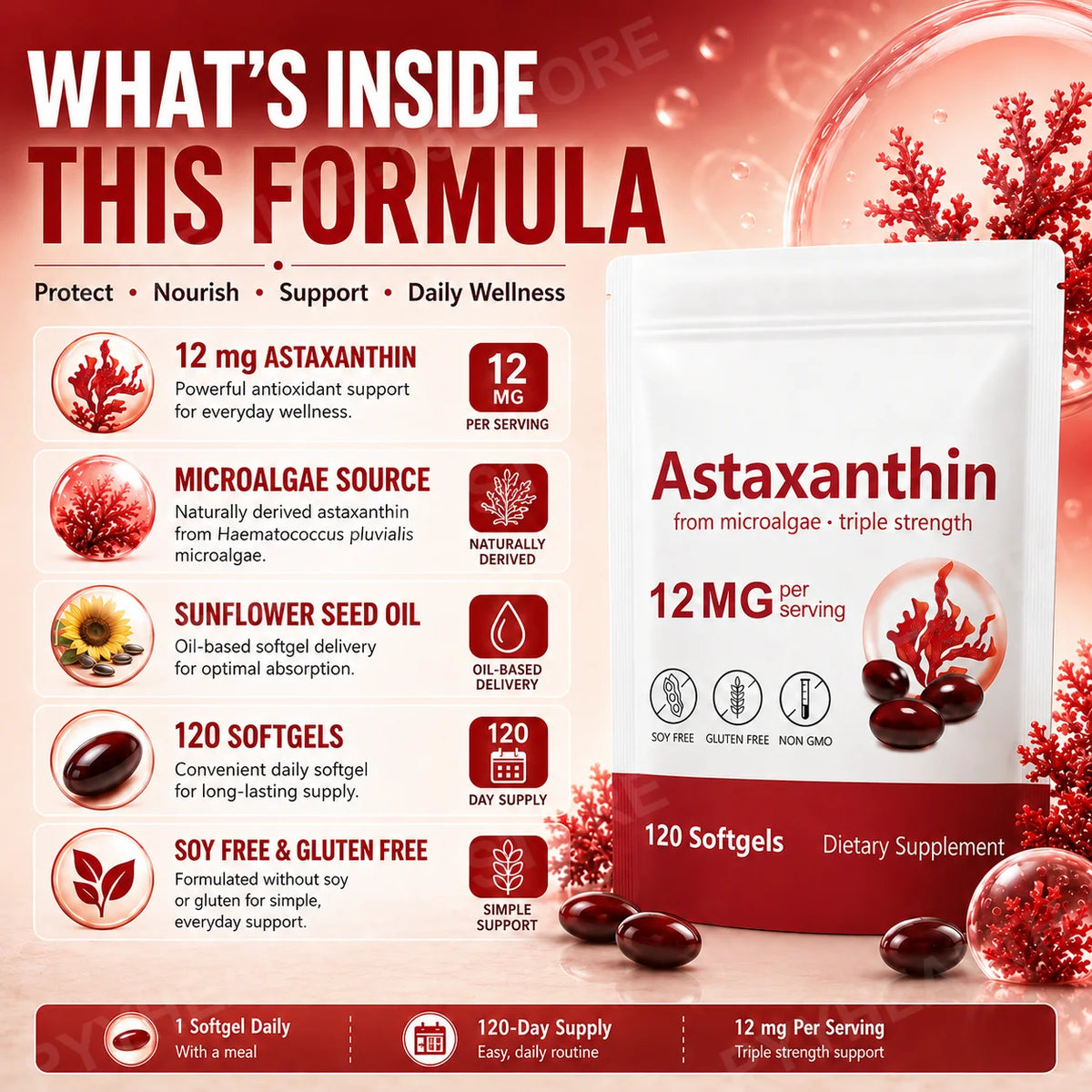 Astaxanthin 12mg Softgels – Microalgae Antioxidant, 120ct Antioxidant Supplement Qst