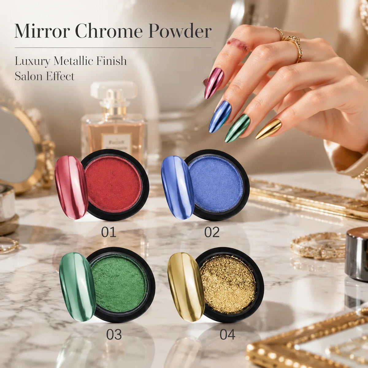 4-Color Metallic Mirror Nail Powder – DIY Chrome Nail Art Set Mirror Nail Powder Qme