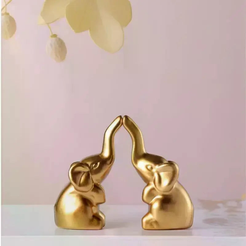 Mini Gold Elephant Figurine Pair | Alloy Home Decor Statue Decorative Figurine Qme