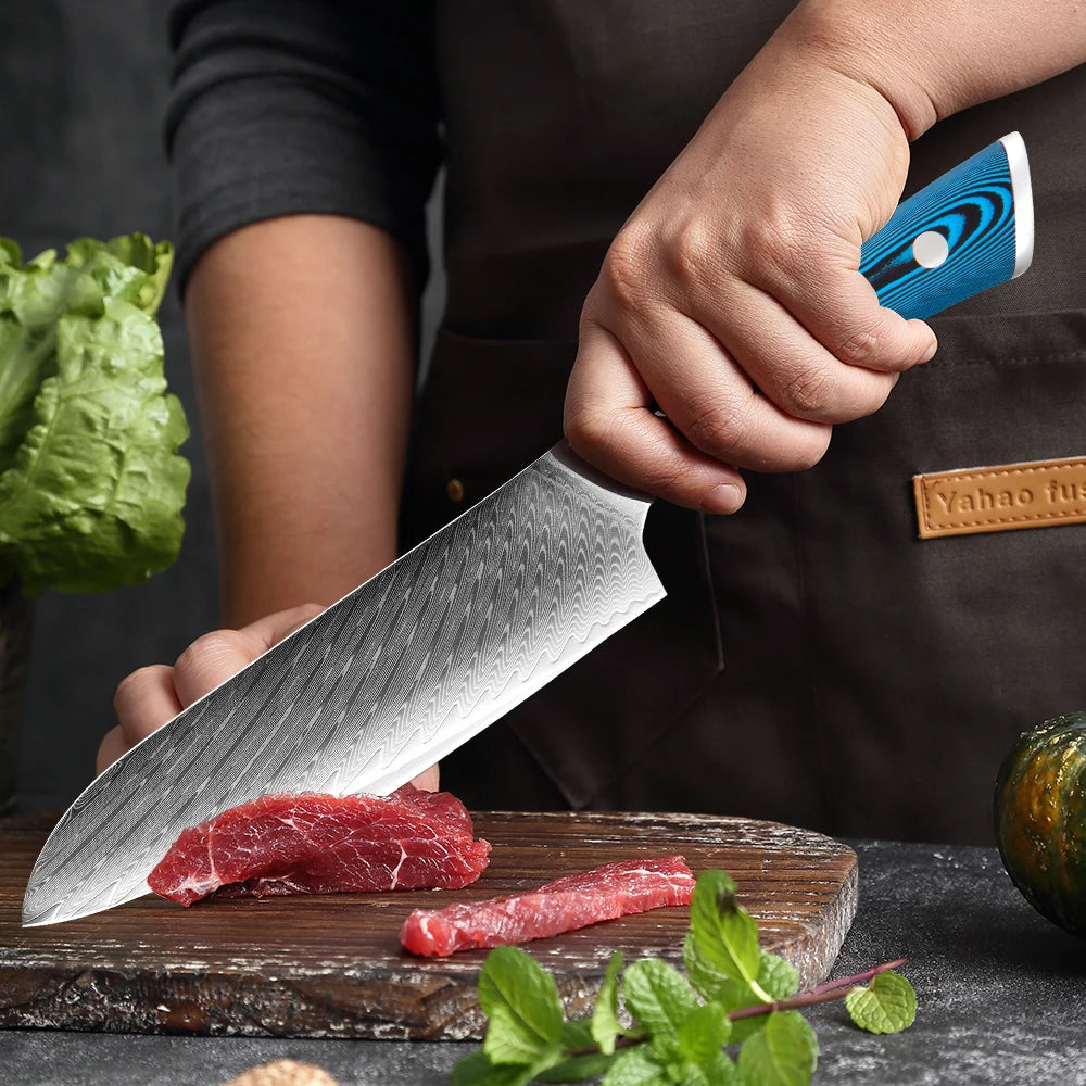 XITUO 7" Damascus Santoku Knife – VG10 Steel & Wood Handle Damascus Santoku Knife Qst