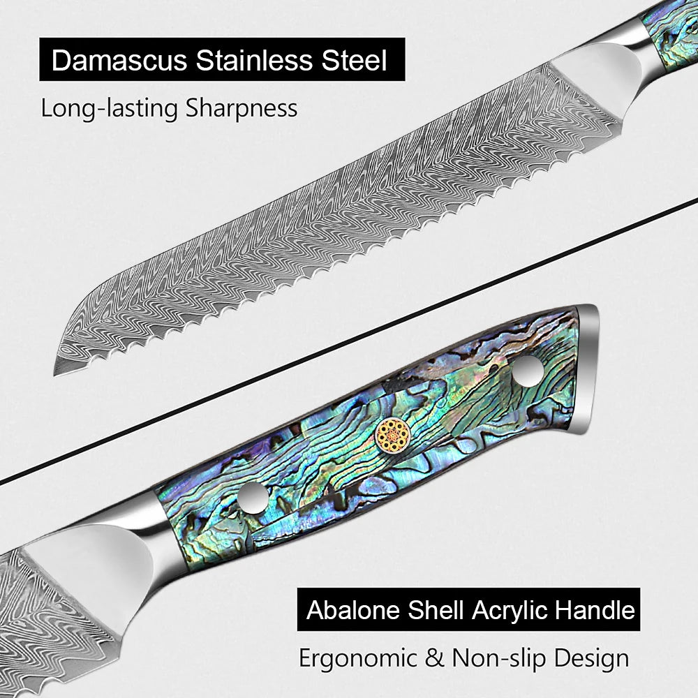XITUO 8-Inch Damascus Serrated Bread Knife – VG-10 Steel Serrated Bread Knife Qst