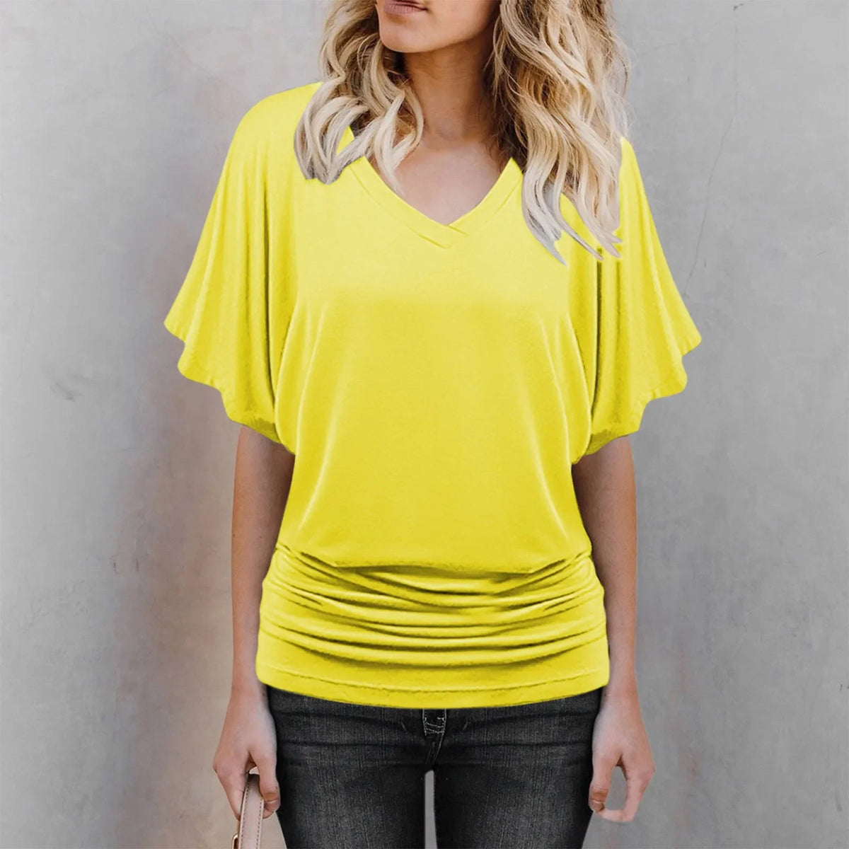 Soft Pleated V-Neck T-Shirt | Short Sleeve Summer Top Women's T-Shirt Qme Yellow M