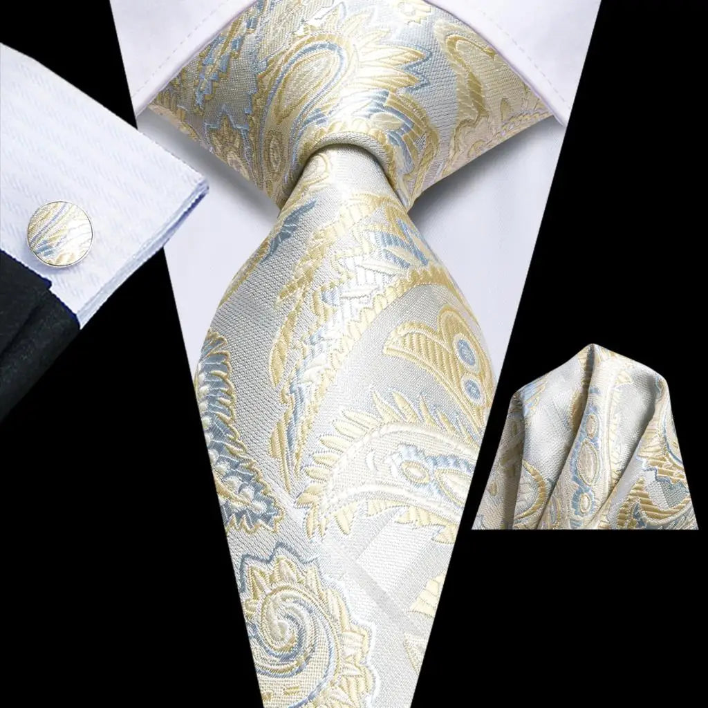 Hi-Tie Men's Silk Necktie Handkerchief & Cufflinks Set Silk Necktie Set Qme SN-3793