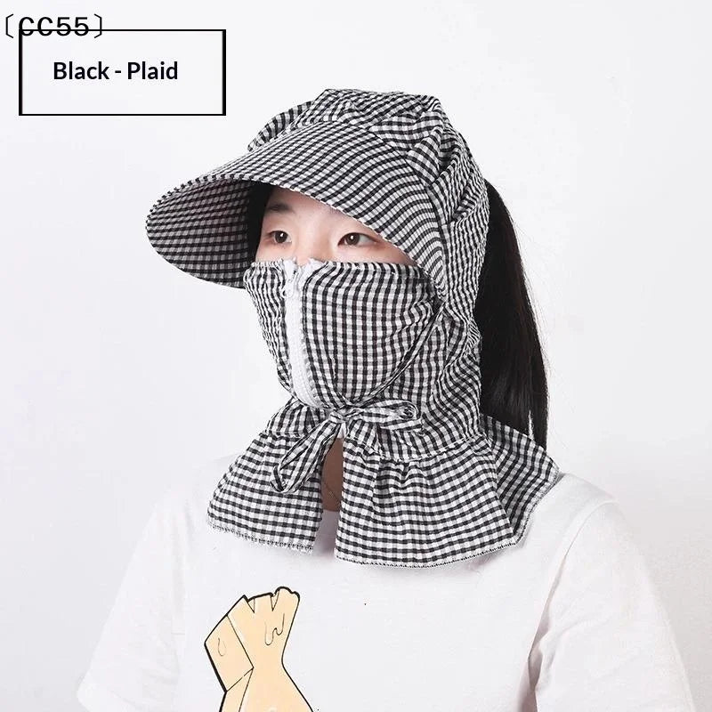 Women's Plaid Sun Hat with Face Mask – Outdoor UV Summer Hat Sun Hat Qst