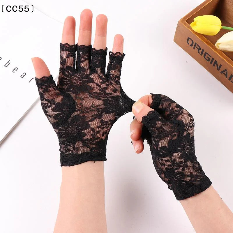 Women's Fingerless Lace Gloves – Breathable Fishnet Half Finger Fingerless Lace Gloves Qst