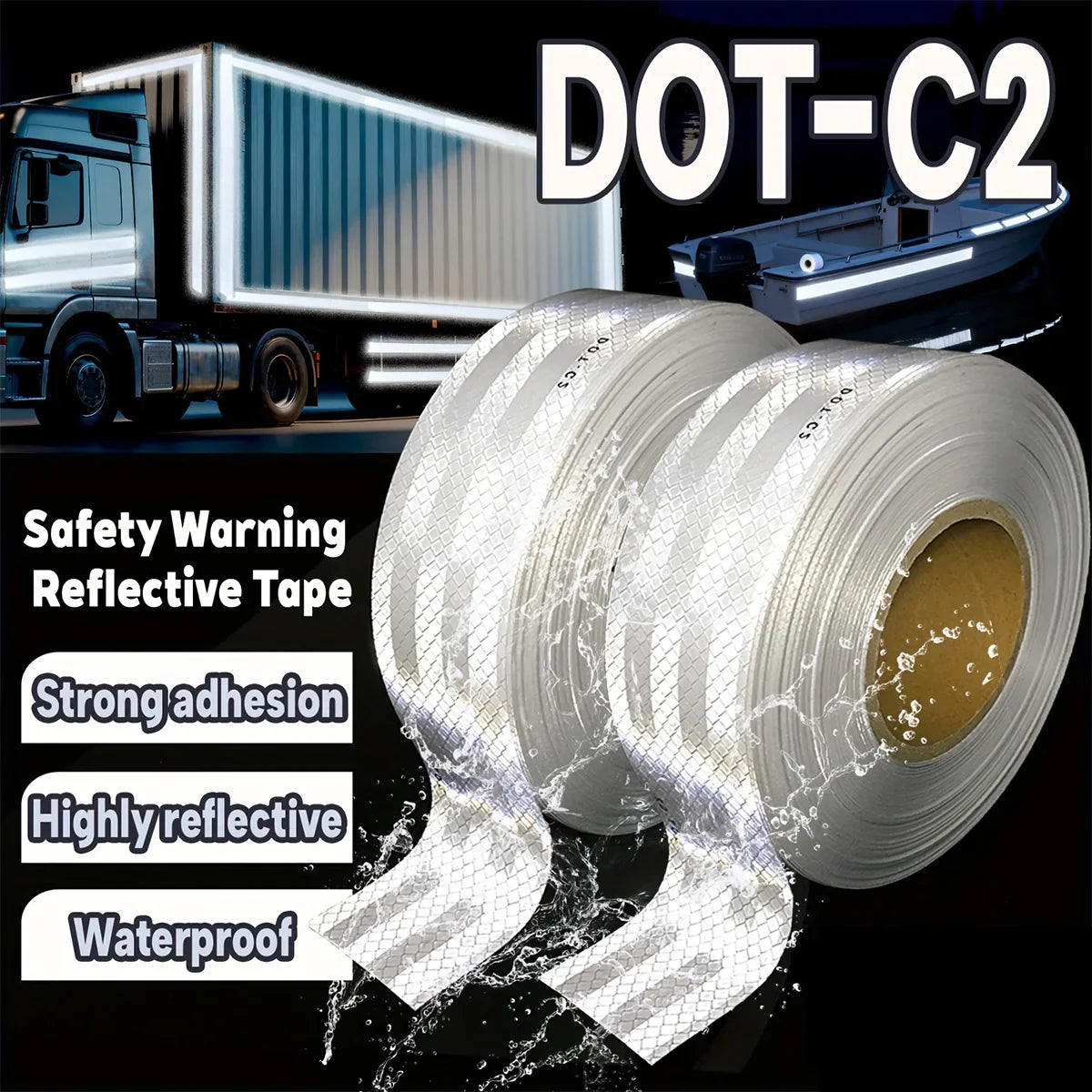 White DOT-C2 Reflective Tape – Waterproof Safety Warning Strip Reflective Safety Tape Qme
