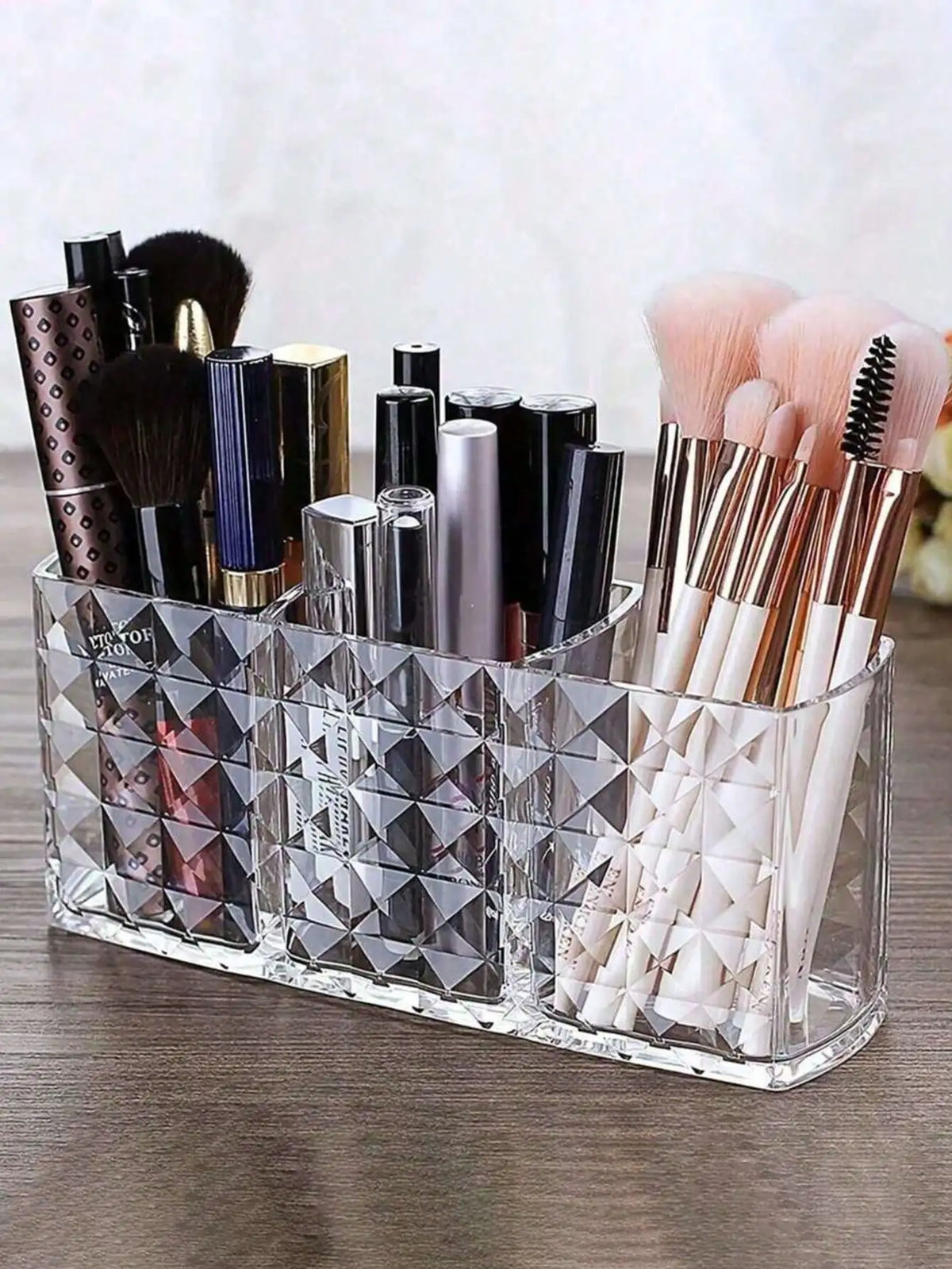 Clear Acrylic Makeup Brush Organizer – 3 Compartments Makeup Brush Organizer Qme