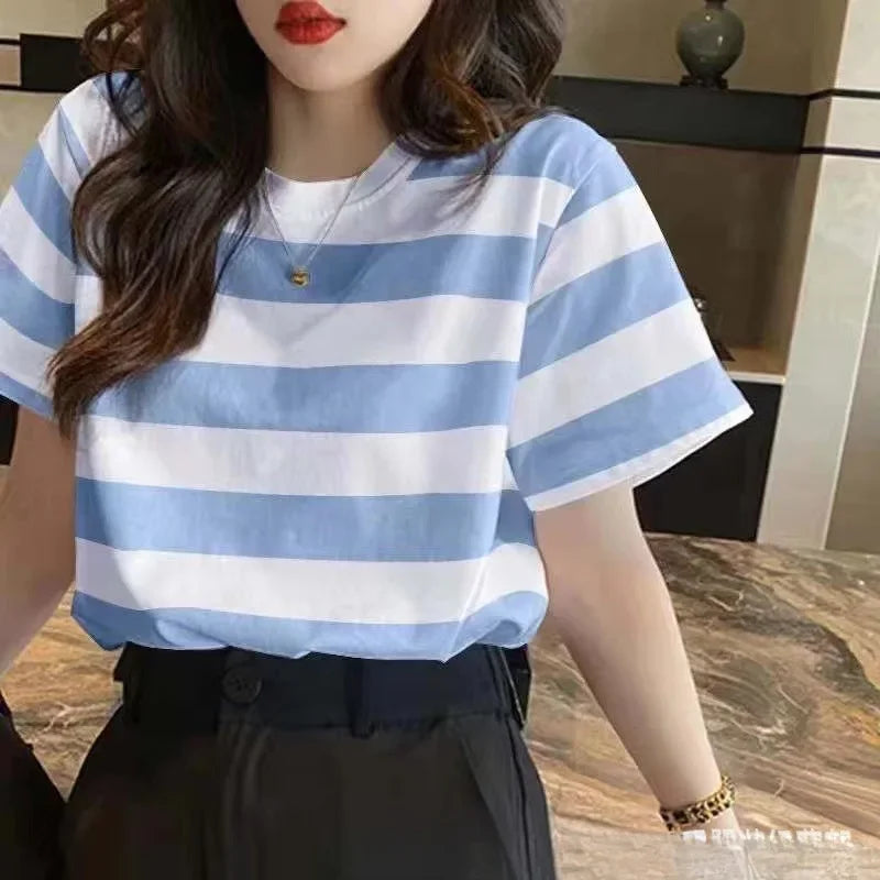 Men's Striped Loose-Fit Short Sleeve Pullover T-Shirt | Qme Casual Pullover Shirt Qme