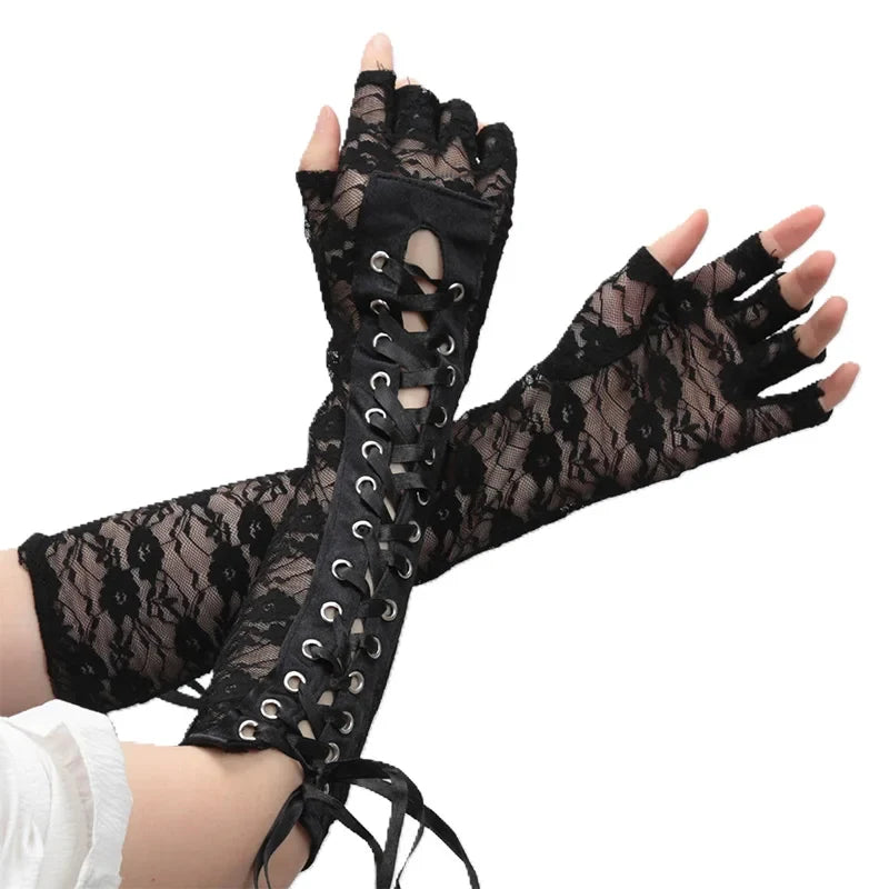 Women's Lace Elbow-Length Fingerless Gloves with Ribbon Lace Fingerless Gloves Qme black length 39cm
