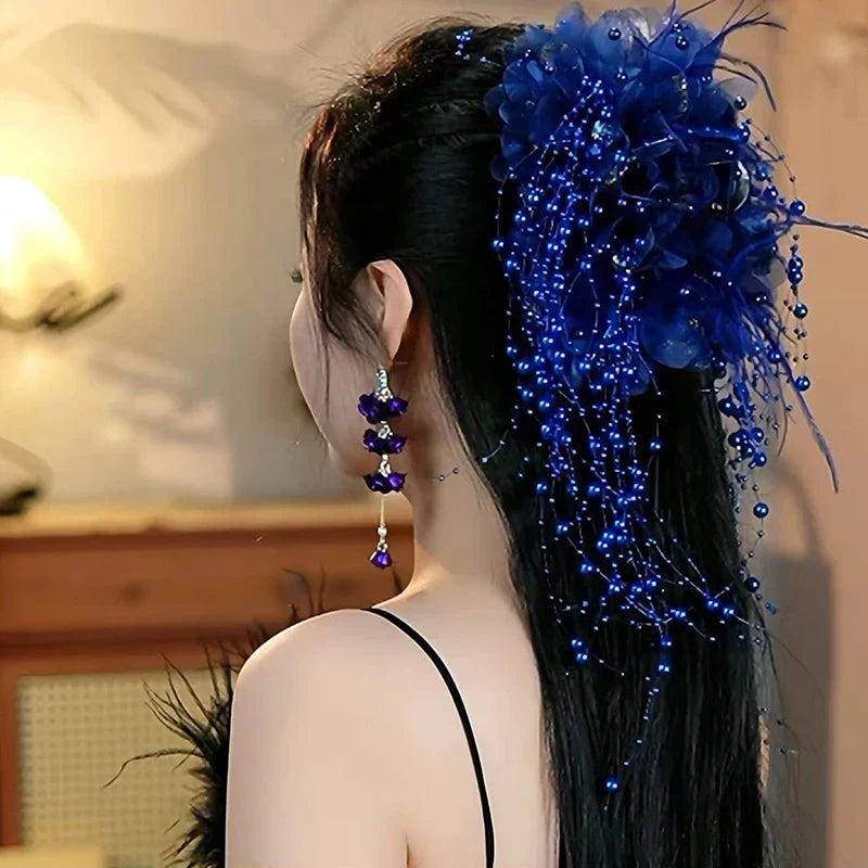Women's Luxury Mesh Flower Pearl Tassel Hair Clips Hair Clip Qme Dark blue