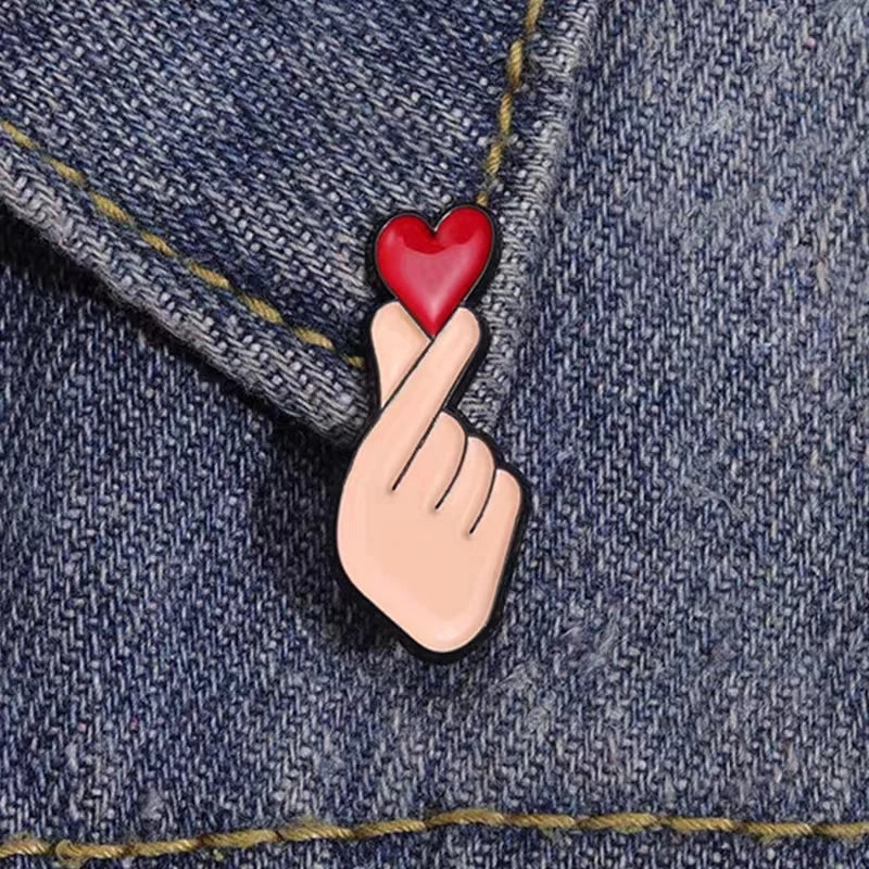 Cartoon Heart Gesture Enamel Pin – Cute Lapel Badge Enamel Lapel Pin Qme