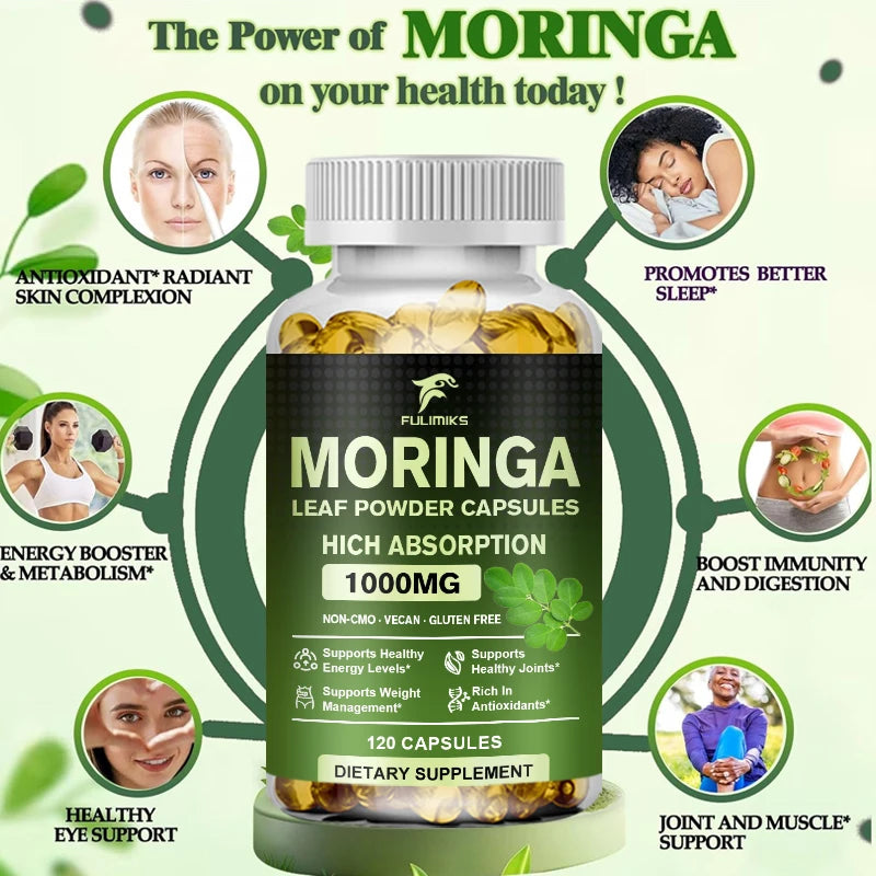 Pure Moringa Leaf Powder Capsules – Non-GMO Superfood Supplement Herbal Supplement Qst