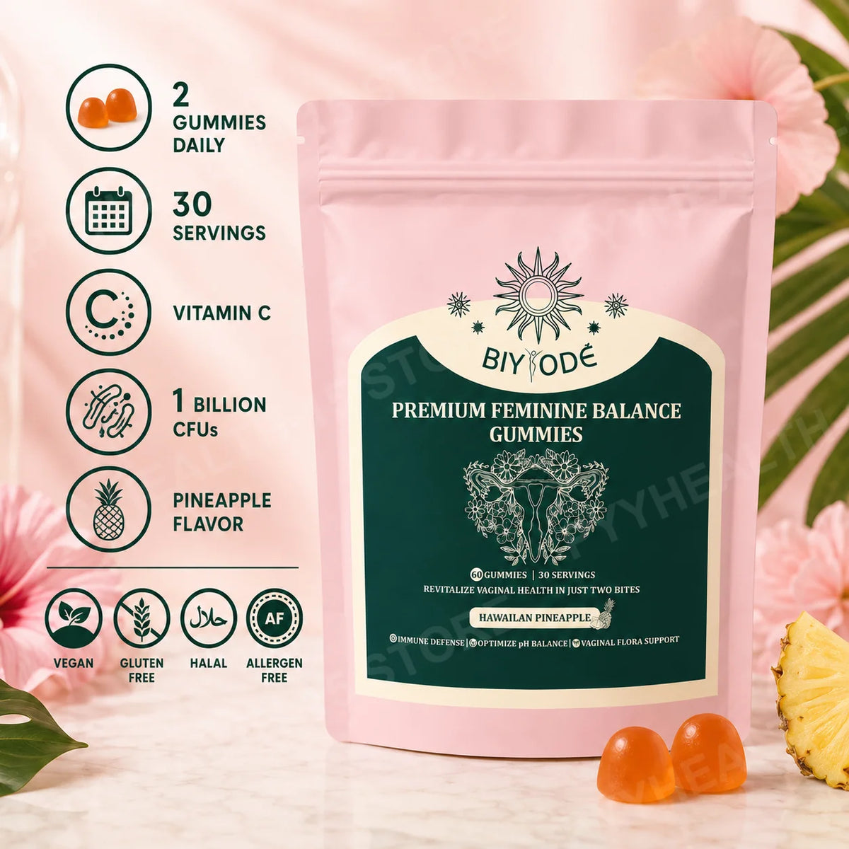 Biyode Women's Probiotic Gummies – Pineapple, 60 Count Probiotic Gummies Qst