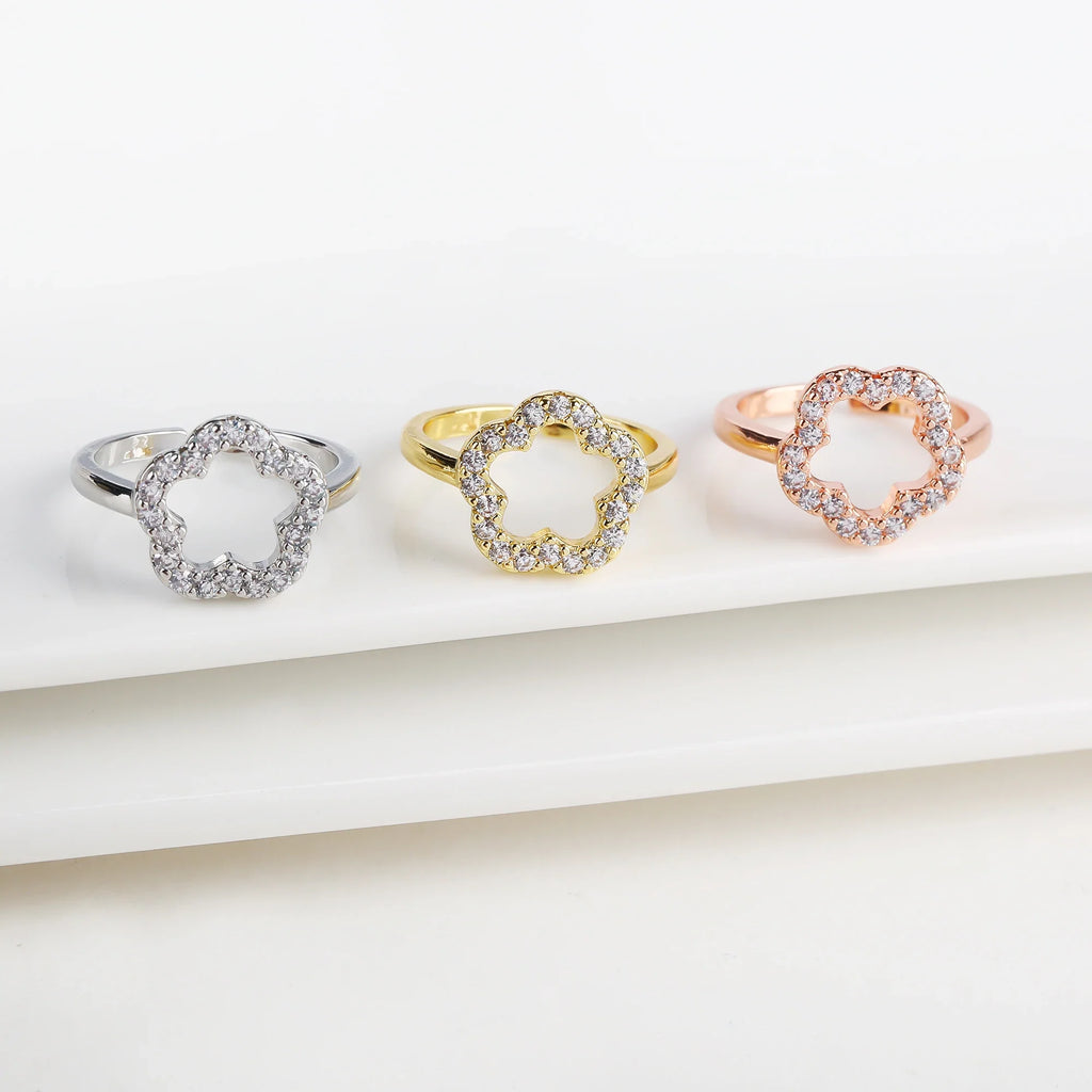 Cubic Zirconia Five Leaf Flower Open Adjustable Ring Fashion Ring Qme