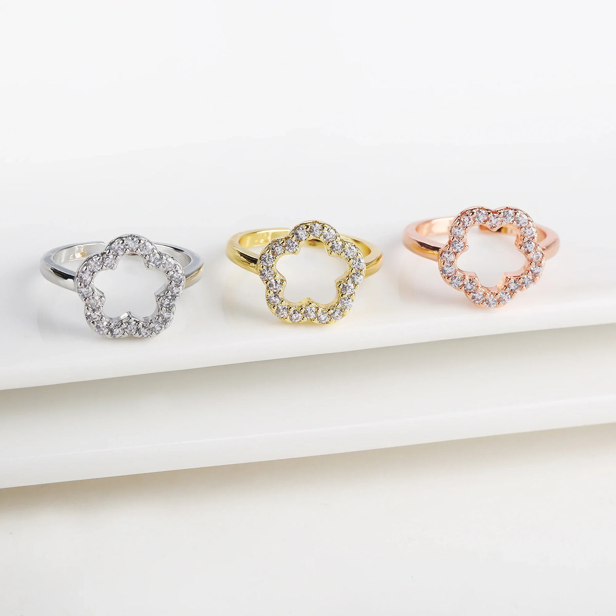 Cubic Zirconia Five Leaf Flower Open Adjustable Ring Fashion Ring Qme