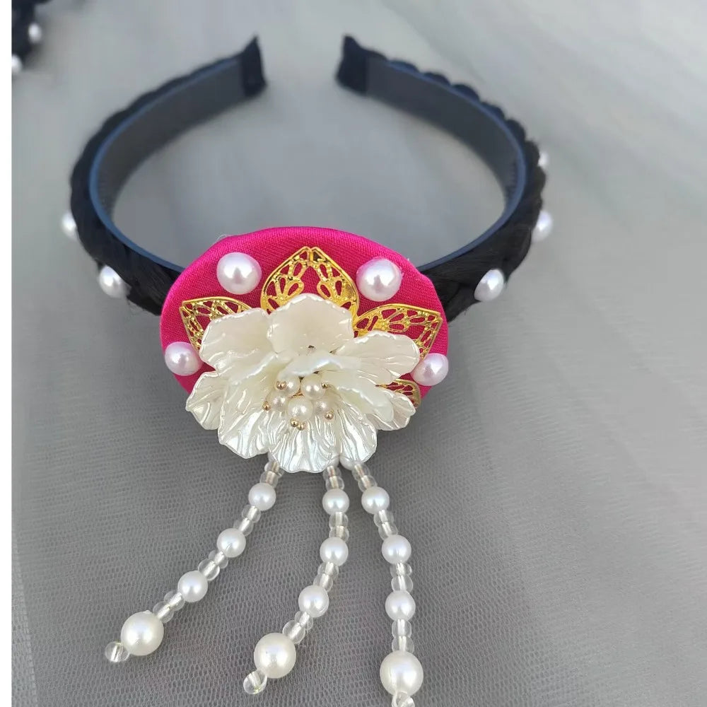 Korean Hanbok Flower Headband – Beaded Pearl Tassel Hairband Beaded Hair Headband Qme Rose Red