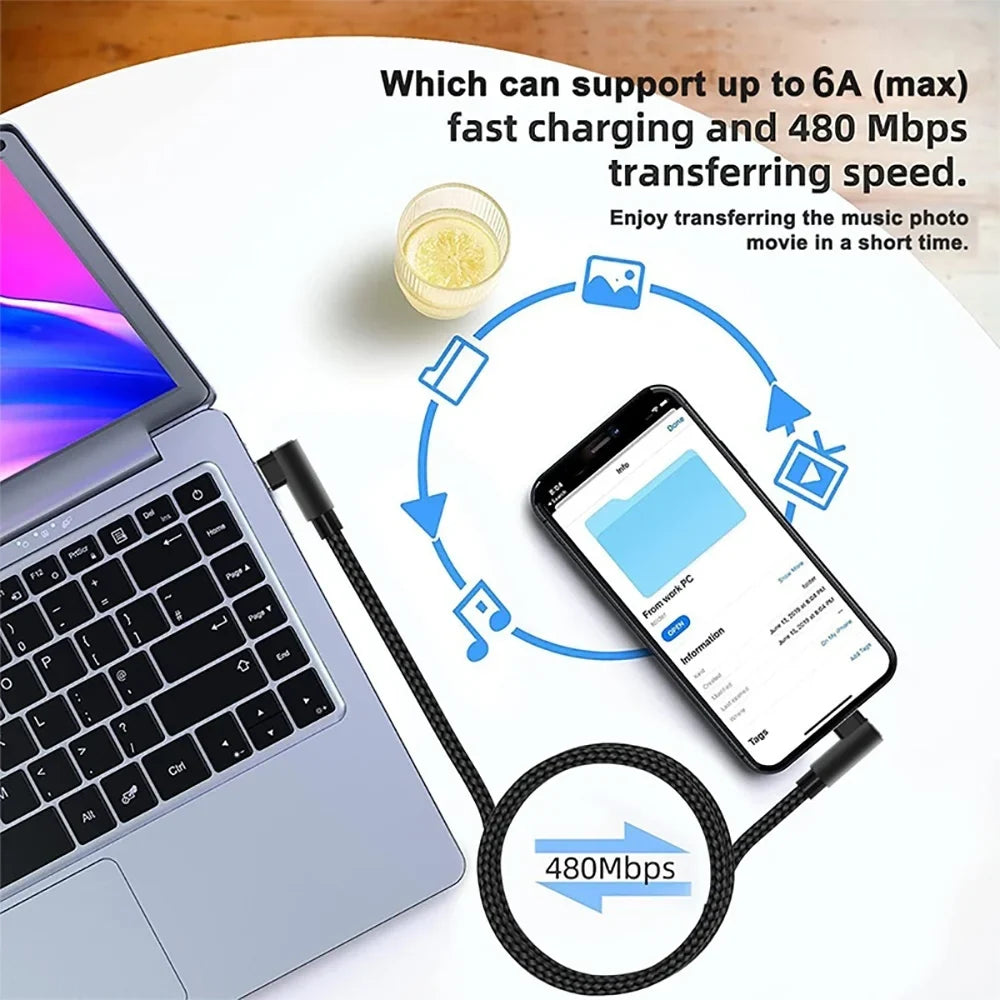 120W Double Elbow USB-C Fast Charging Cable – Nylon Braided USB-C Charging Cable Qme