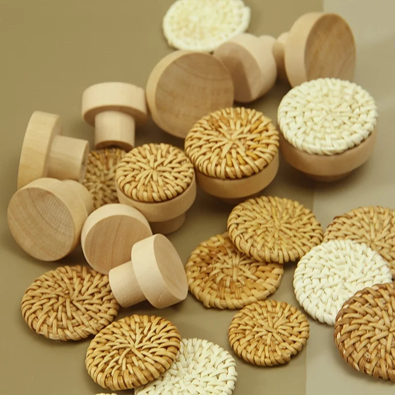 Woven Rattan Round Cabinet Handles Set of 10 – Wood Pulls Cabinet Handles Qme