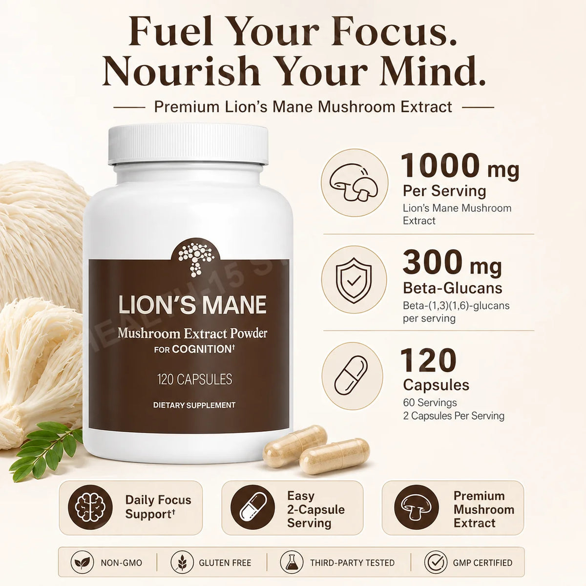 Lion's Mane Mushroom Extract 1000mg – 120 Capsules, 60 Servings Mushroom Supplement Qst