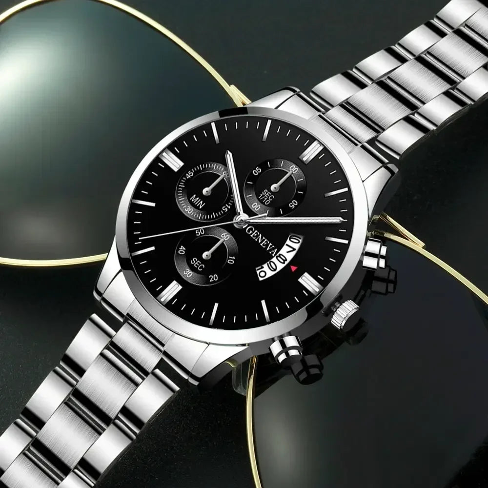 Men's Luxury Silver Stainless Steel Quartz Watch | Calendar Men's Quartz Watch Qme