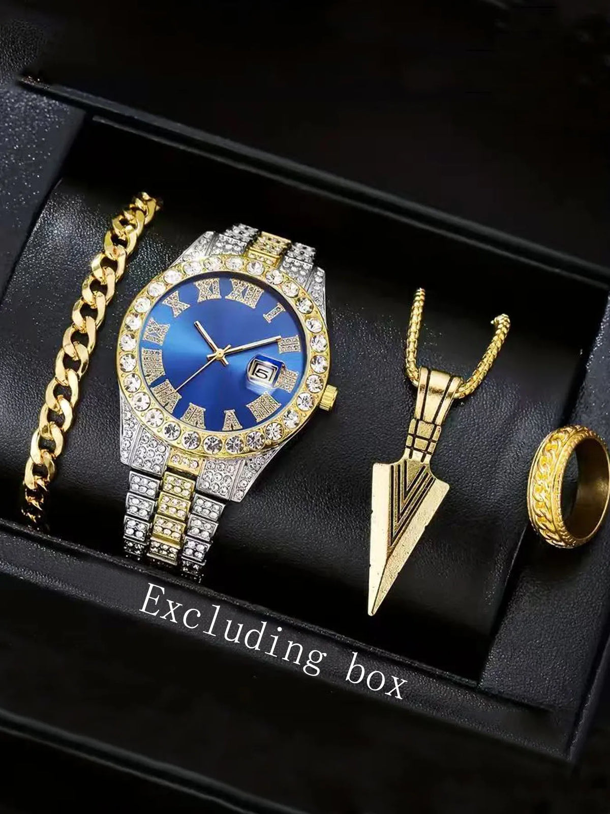 Men's Hip-Hop Roman Numeral Steel Strap Quartz Watch 4-Pc Set Men's Watch Set Qme blue Yes