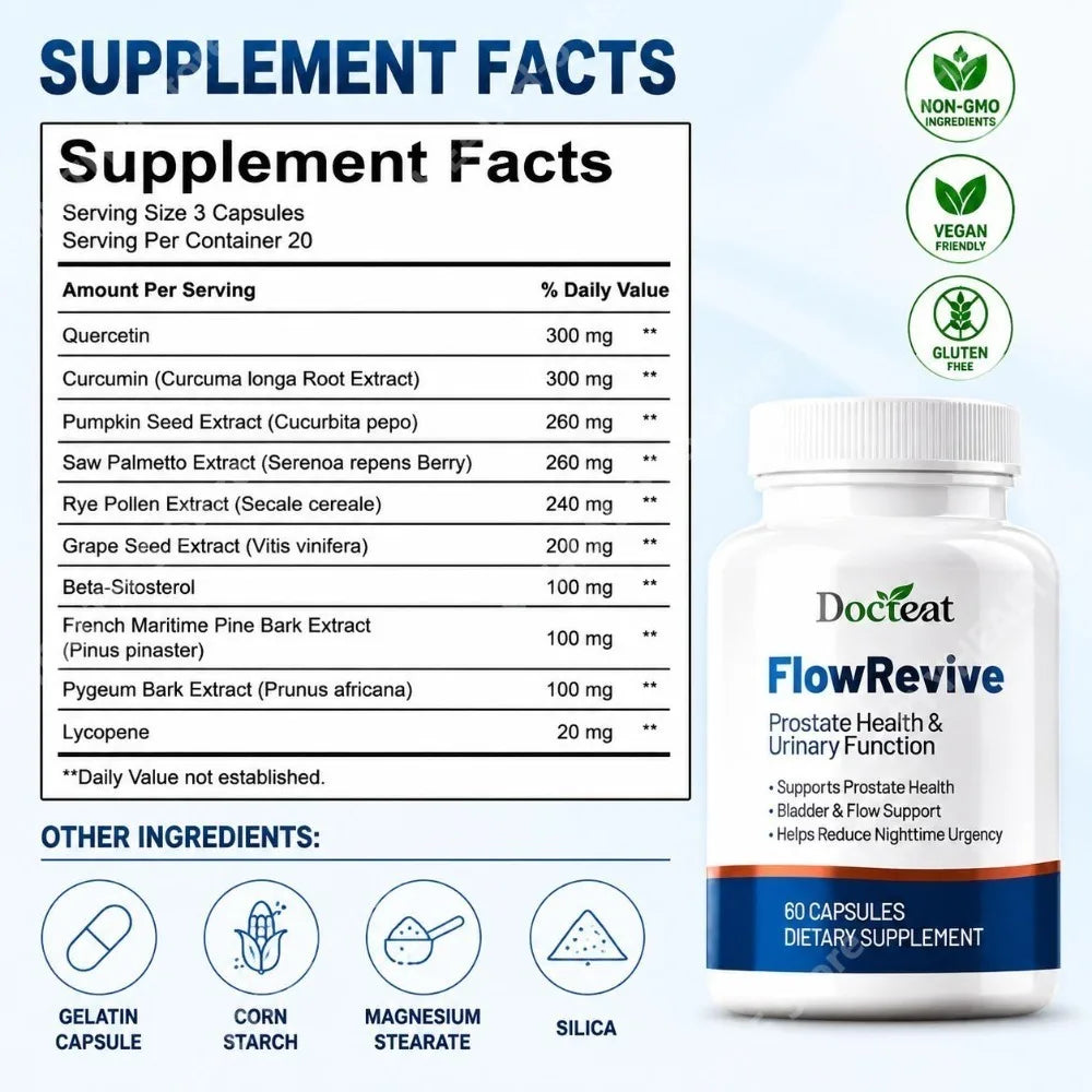 Docteat FlowRevive Prostate & Urinary Support – 60 Capsules Prostate Support Supplement Qst