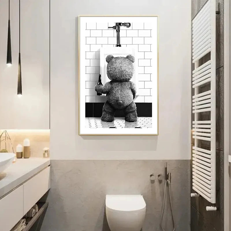 Cute Bear Canvas Wall Art – Black & White Bathroom Poster Canvas Wall Art Qst