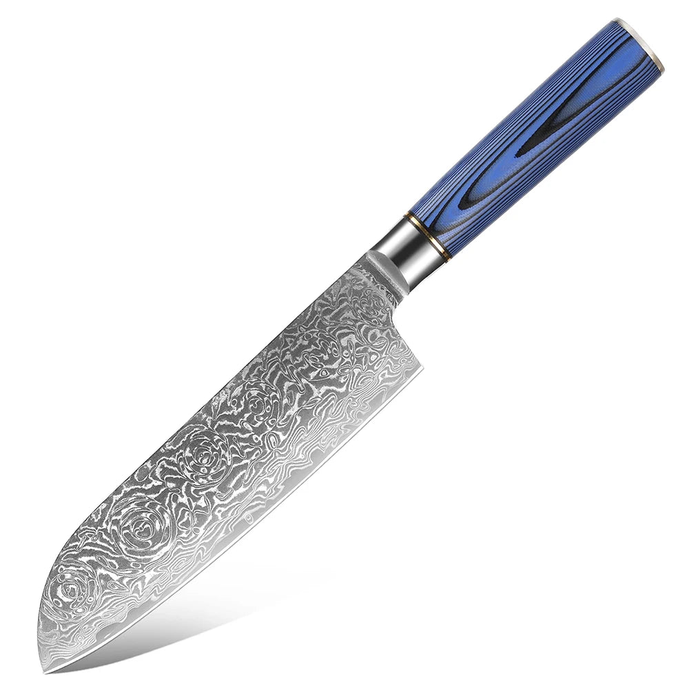 XITUO Damascus Steel Kitchen Knife Set – Blue G10 Handle Damascus Knife Set Qst Santoku Knife