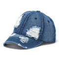 Retro Ripped Washed Denim Baseball Cap | Frayed Curved Brim Denim Baseball Cap Qme Dark Blue