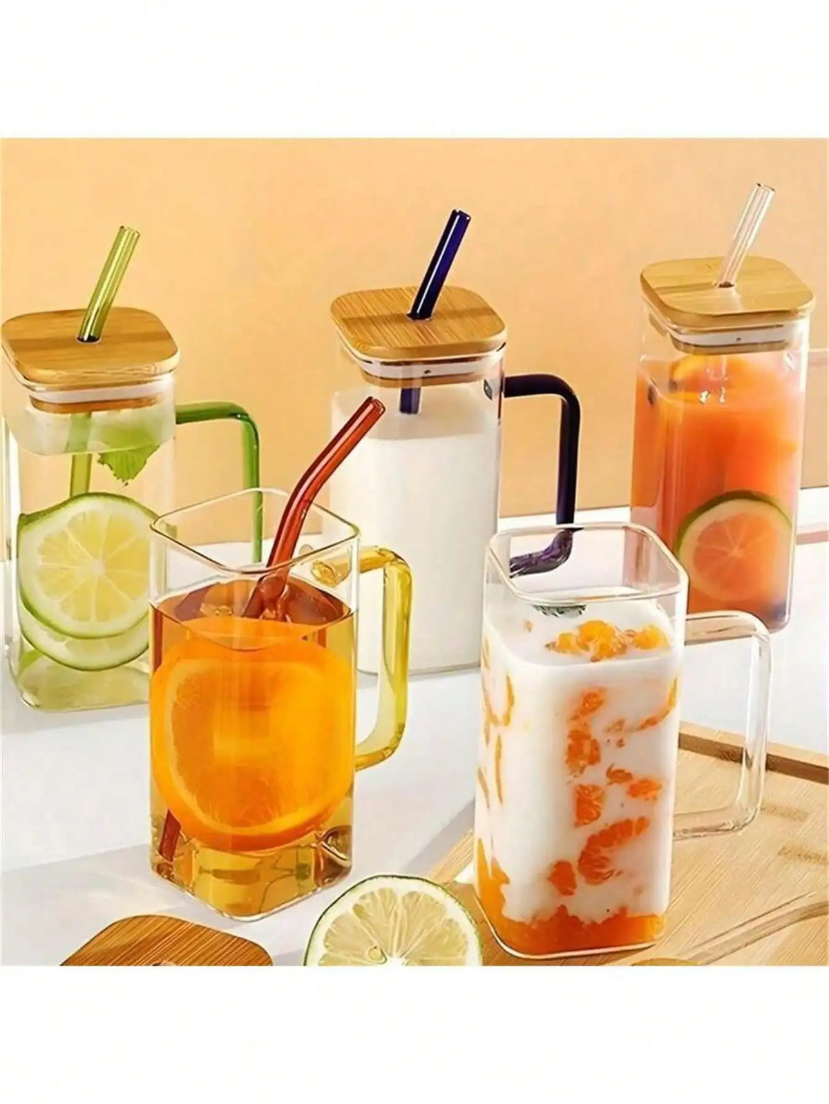 Bamboo Lid Square Glass Cup with Straw & Handle | Iced Coffee Glass Tumbler Qme