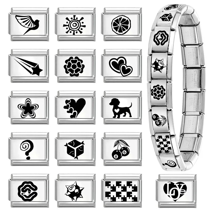 Laser Engraved Star Heart Fish Charm Link Stainless Bracelet Charm Link Bracelet Qme