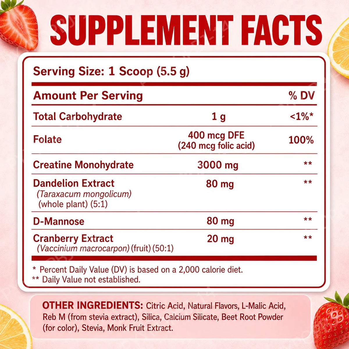 Women's Creatine Monohydrate 3000mg Powder | Strawberry Lemonade Creatine Supplement Powder Qst
