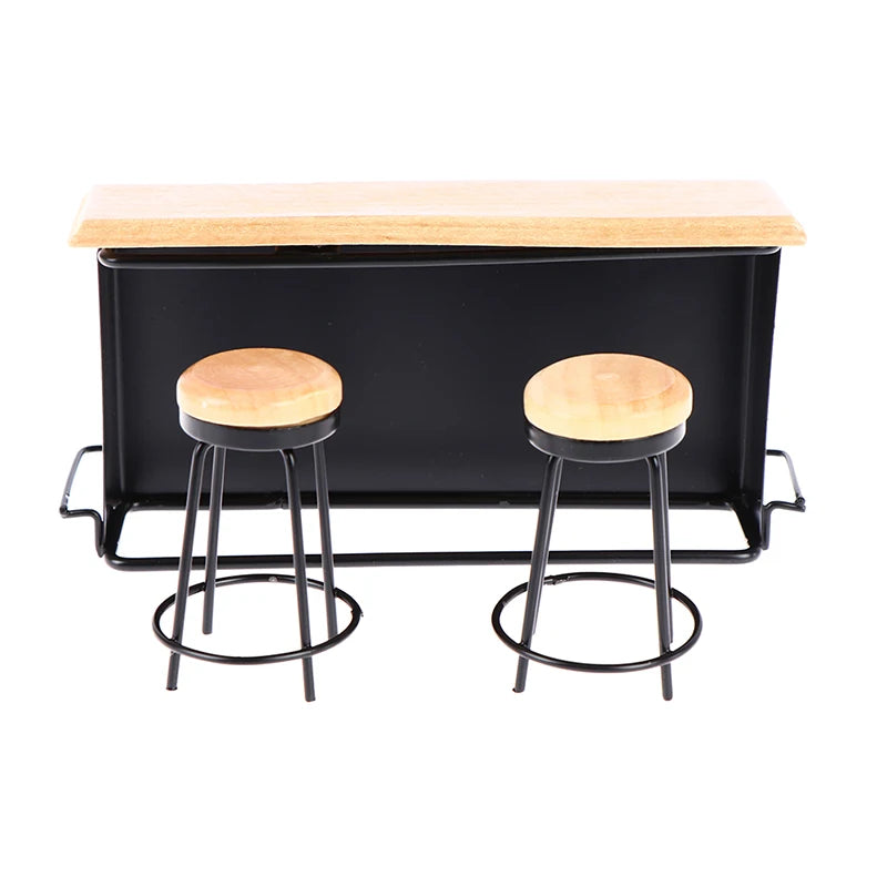 1:12 Dollhouse Miniature Bar Counter & Stool Set – 3 Pcs Dollhouse Furniture Set Qst