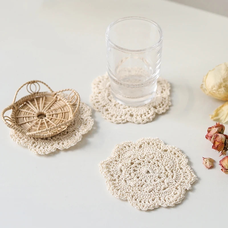 Bohemian Floral Crochet Coasters | Cotton Knit Set of 2/4 Crochet Coasters Qst