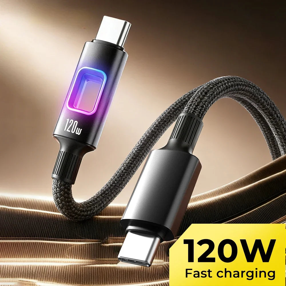 USB-C 120W RGB Fast Charging Braided Cable – PD Quick Charge USB-C Charging Cable Qme
