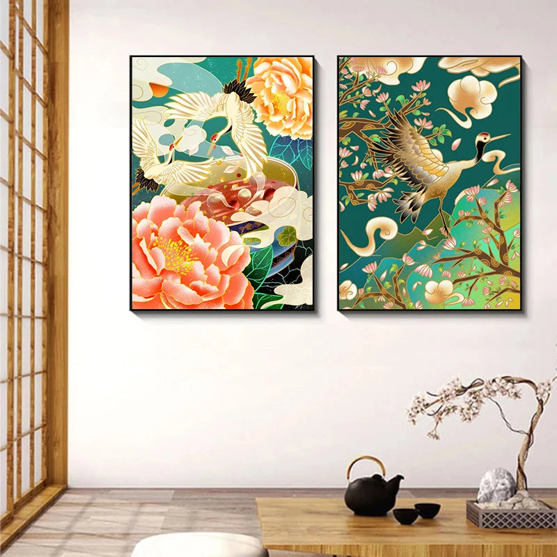 Retro Golden Crane Canvas Wall Art – Vintage Bird Poster Print Canvas Wall Art Qst