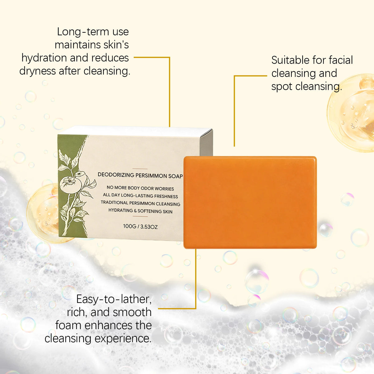 Natural Persimmon Extract Soap Bar – Hydrating Body Cleanser Soap Bar Qst