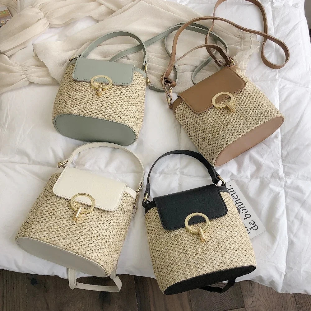 Women's Small Straw Bucket Crossbody Bag – Summer Travel Purse Crossbody Bucket Bag Qme
