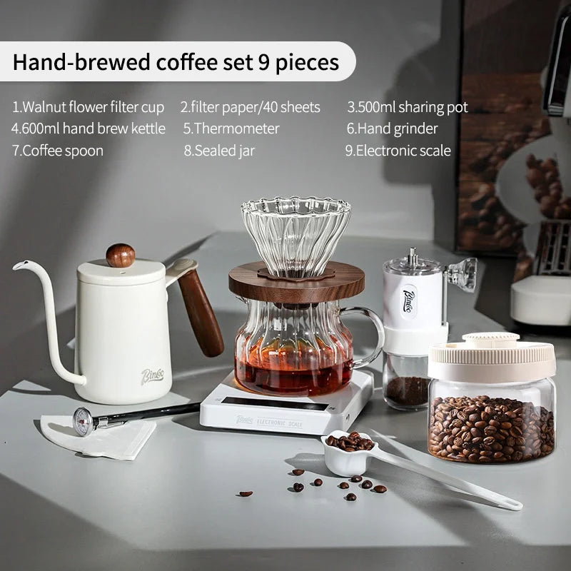BINCOO Pour Over Coffee Kit – Dripper, Carafe, Kettle & Grinder Pour Over Coffee Set Qst 9 Piiece Set