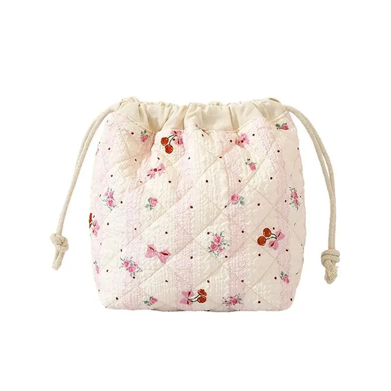 Quilted Drawstring Cosmetic Pouch – Pink Bow Pattern Cosmetic Pouch Qme StyleD