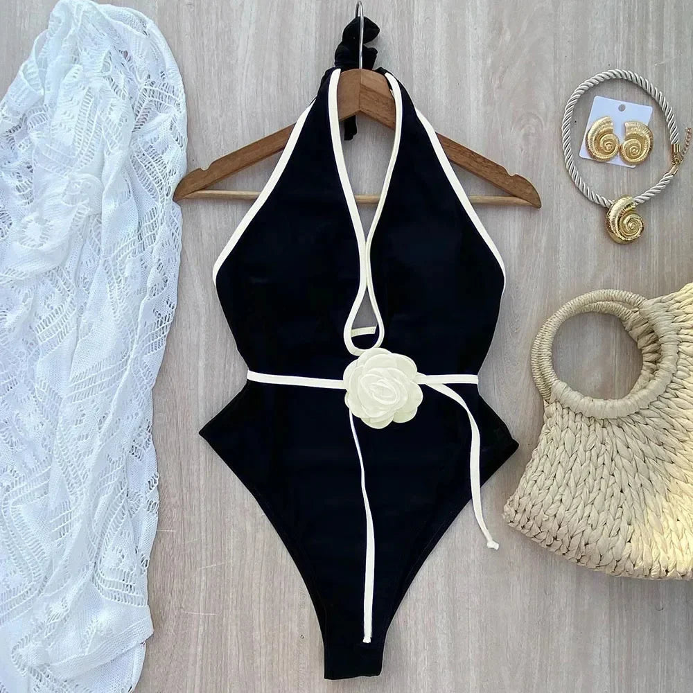 Floral Halter Bandage One-Piece Swimsuit – Women's Bathing Suit One-Piece Swimsuit Qme WD1730D1 XL