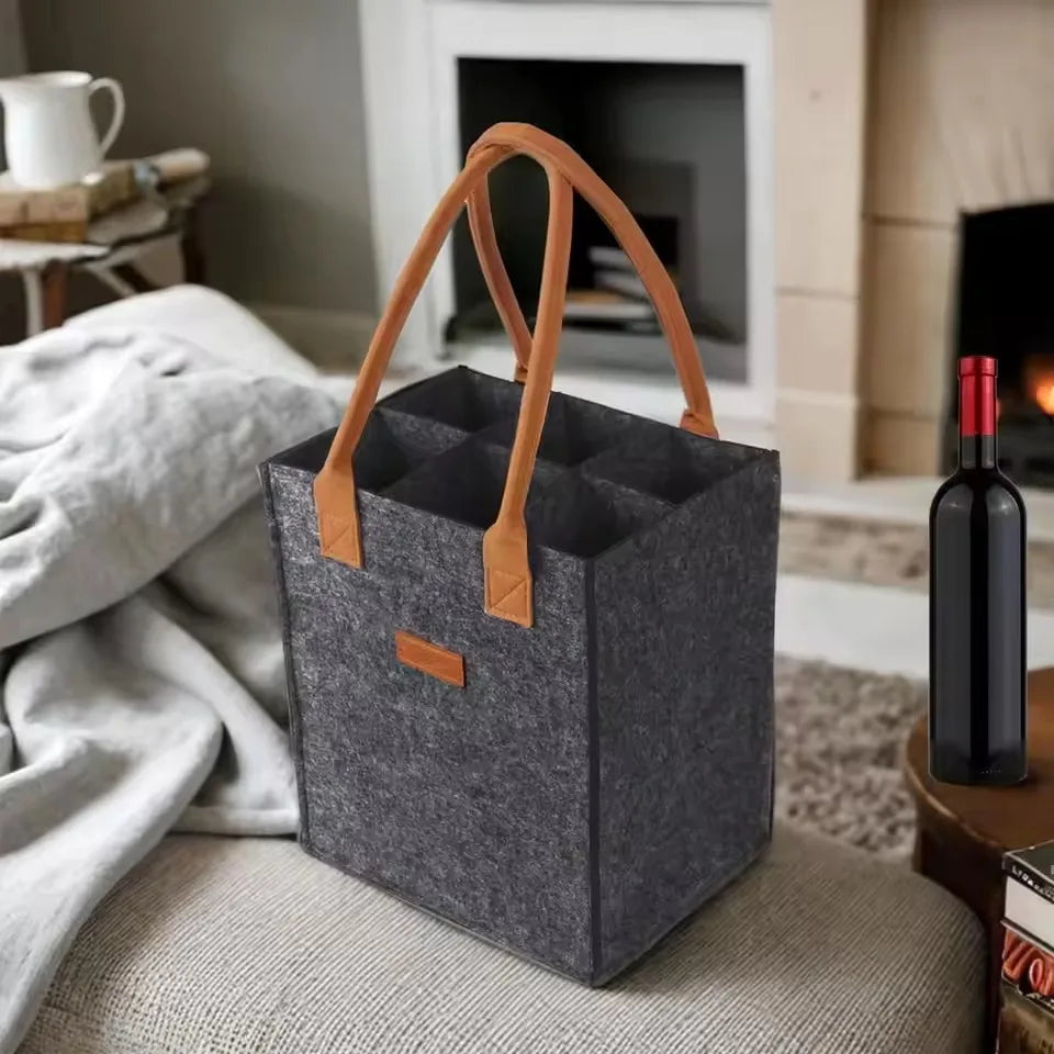 6-Bottle Felt Wine Carrier Tote Bag with Dividers & Handle Wine Carrier Tote Qme Dark grey 23X16X26cm