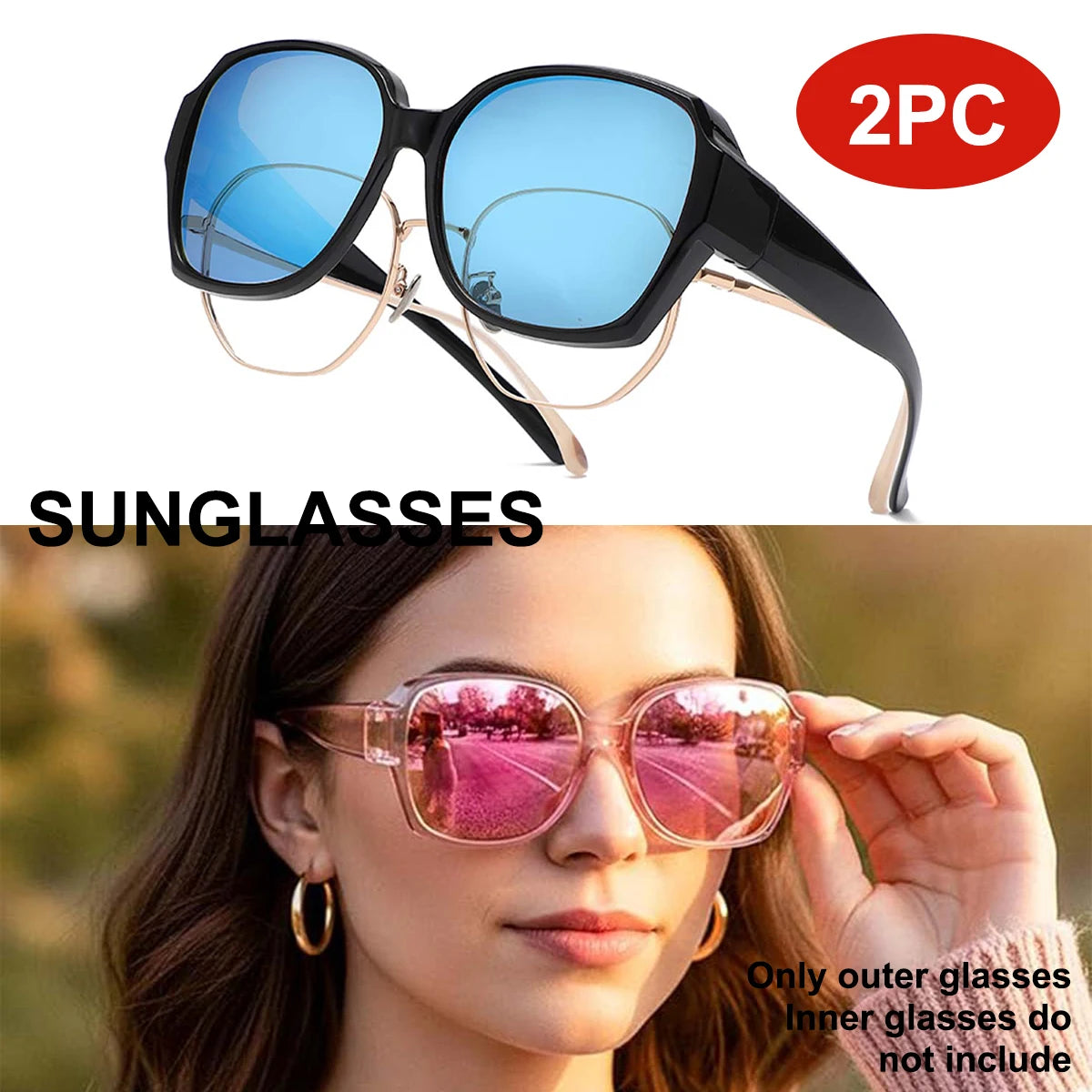 VOPHA Oversized Sunglasses Women UV400 Vintage Big Frame Oversized Sunglasses Qst 2PC