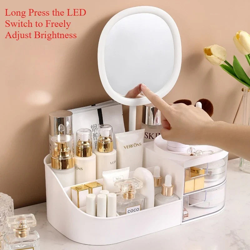 Makeup Storage Box with Mirror & Touch Light | Vanity Organizer Vanity Storage Organizer Qme