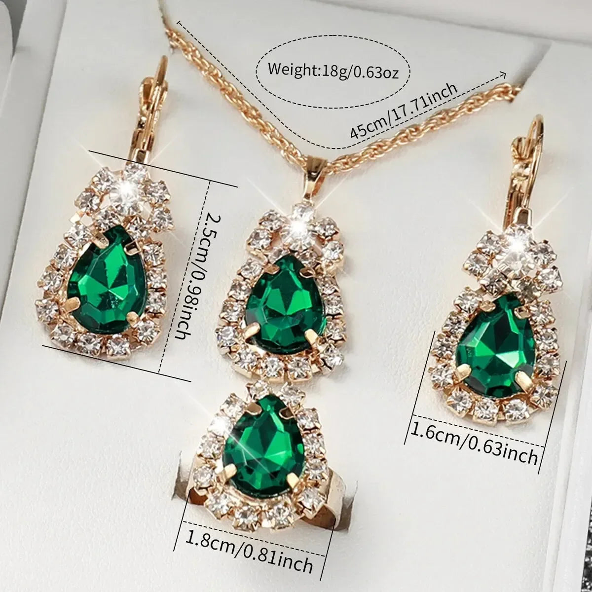 Rose Gold Green Leather Watch & Emerald Crystal Jewelry Set Women's Watch Set Qme