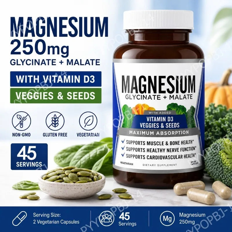 Magnesium Glycinate Malate + Vitamin D3 Capsules – 90ct Magnesium Supplement Qst