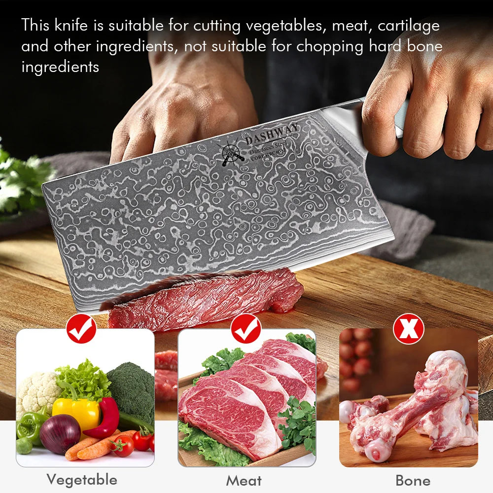 DASHWAY 7" Damascus Steel Cleaver – Professional Chef Knife Damascus Cleaver Knife Qst