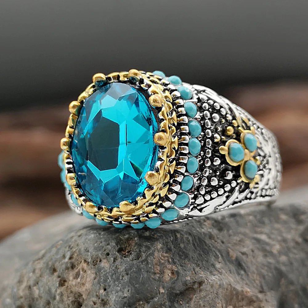 Men's Handmade Turkish Turquoise Gem Ring – Vintage Punk Style Men's Gemstone Ring Qme
