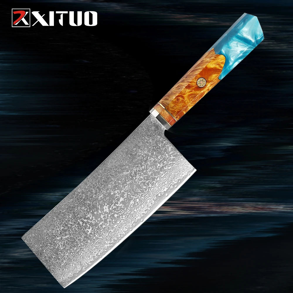 XITUO 7" Damascus Steel Chinese Cleaver Knife – Hand-Forged Damascus Cleaver Knife Qst Cleaver Knife