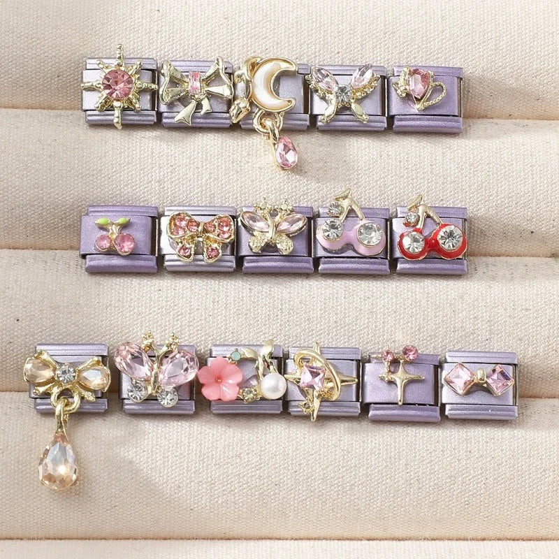 Gold Zircon Italian Charm Links – Bow Moon Cherry Star Italian Charm Links Qme
